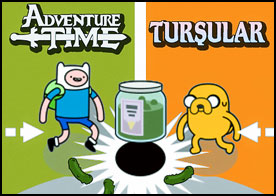 Adventure Time kahramanlarından Finn ve Jake'yi aynı anda kontrol ederek tüm salatalık turşularını toplayın