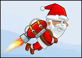 Sırtında jetpack takılı noel baba onunla uçarak hediye paketlerini topluyor